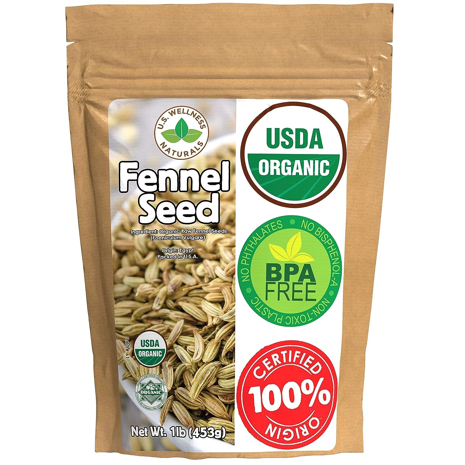 Fennel Seed 1LB (16Oz) 100% CERTIFIED Organic Egyptian Fennel Seed (Foeniculum Vulgare), in 1 Lbs. Bulk Resealable Kraft BPA Free Bag by U.S. Wellness Naturals