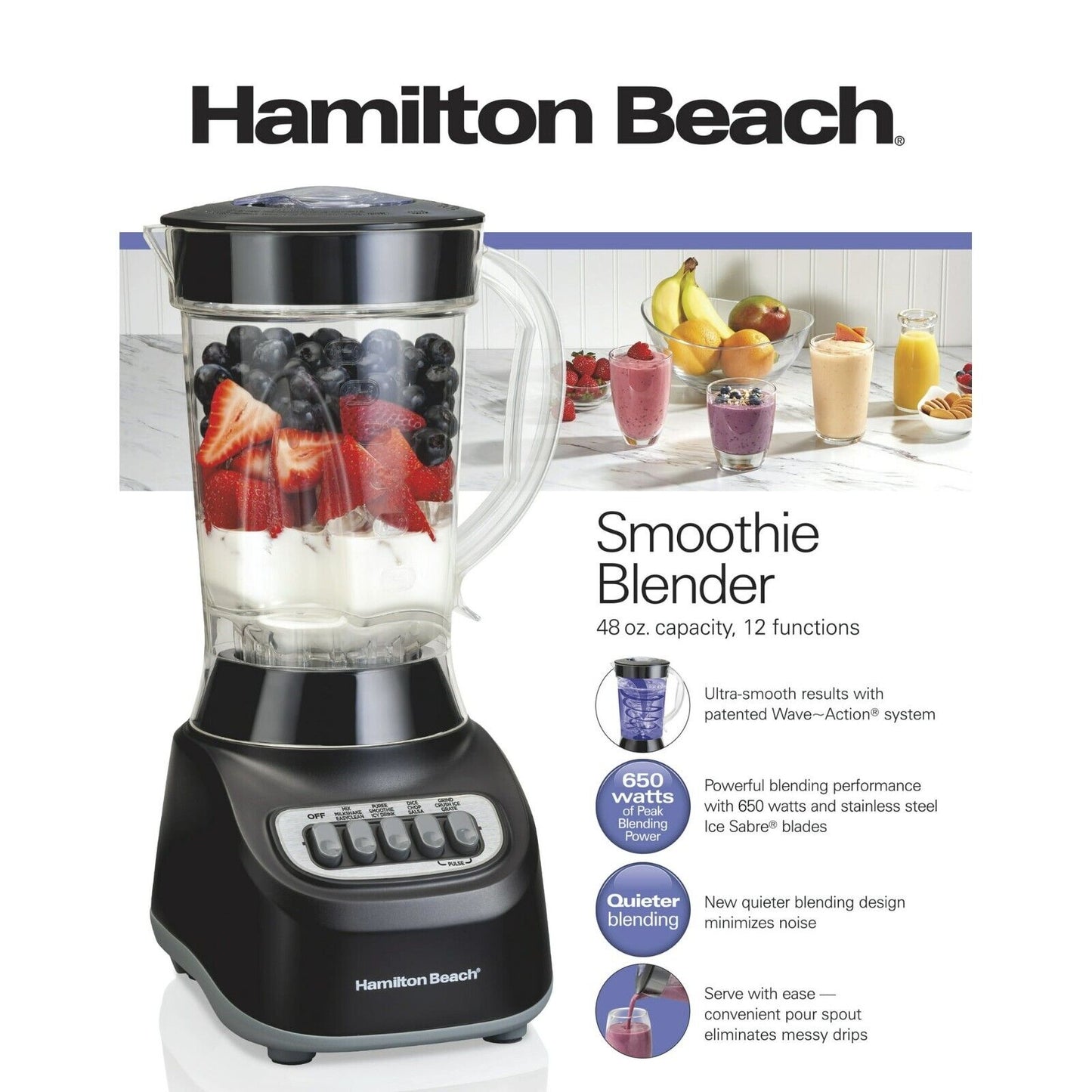 Hamilton Beach Smoothie Blender, 48 Oz. Jar, 12 Blending Functions, Black, 50180