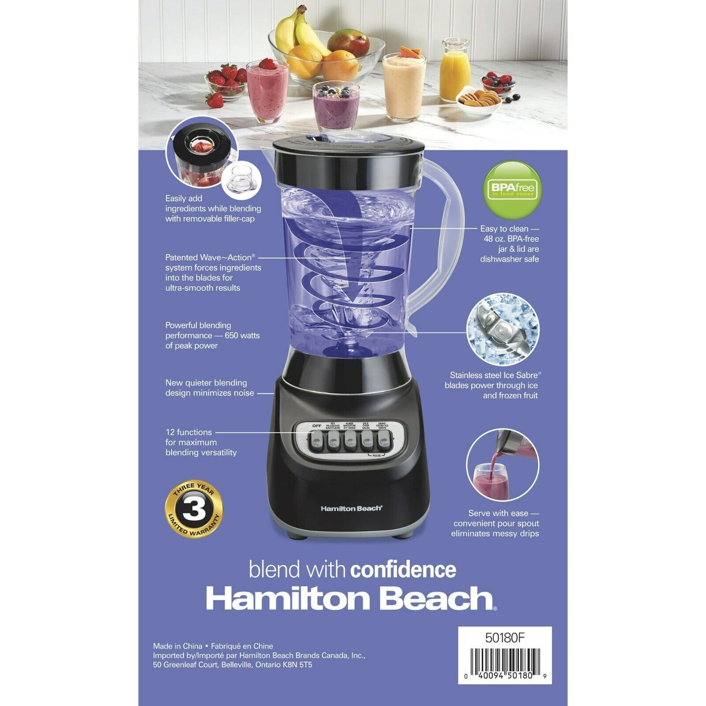 Hamilton Beach Smoothie Blender, 48 Oz. Jar, 12 Blending Functions, Black, 50180