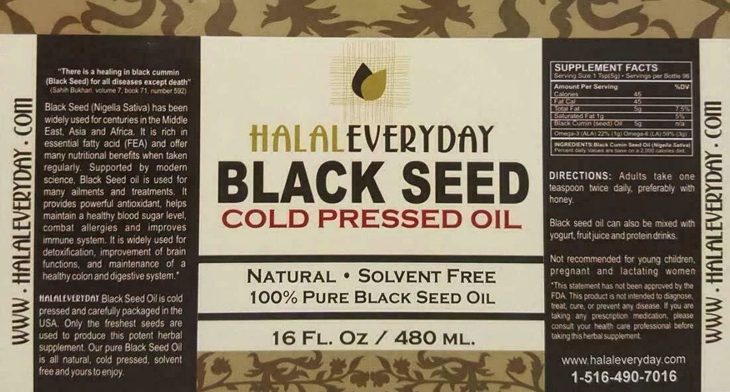 Black Seed Oil - 100% Pure Cold Pressed Natural Cumin Nigella Sativa Non-Gmo GLASS / PLASTIC Bottles - Halaleveryday - All Sizes Available!