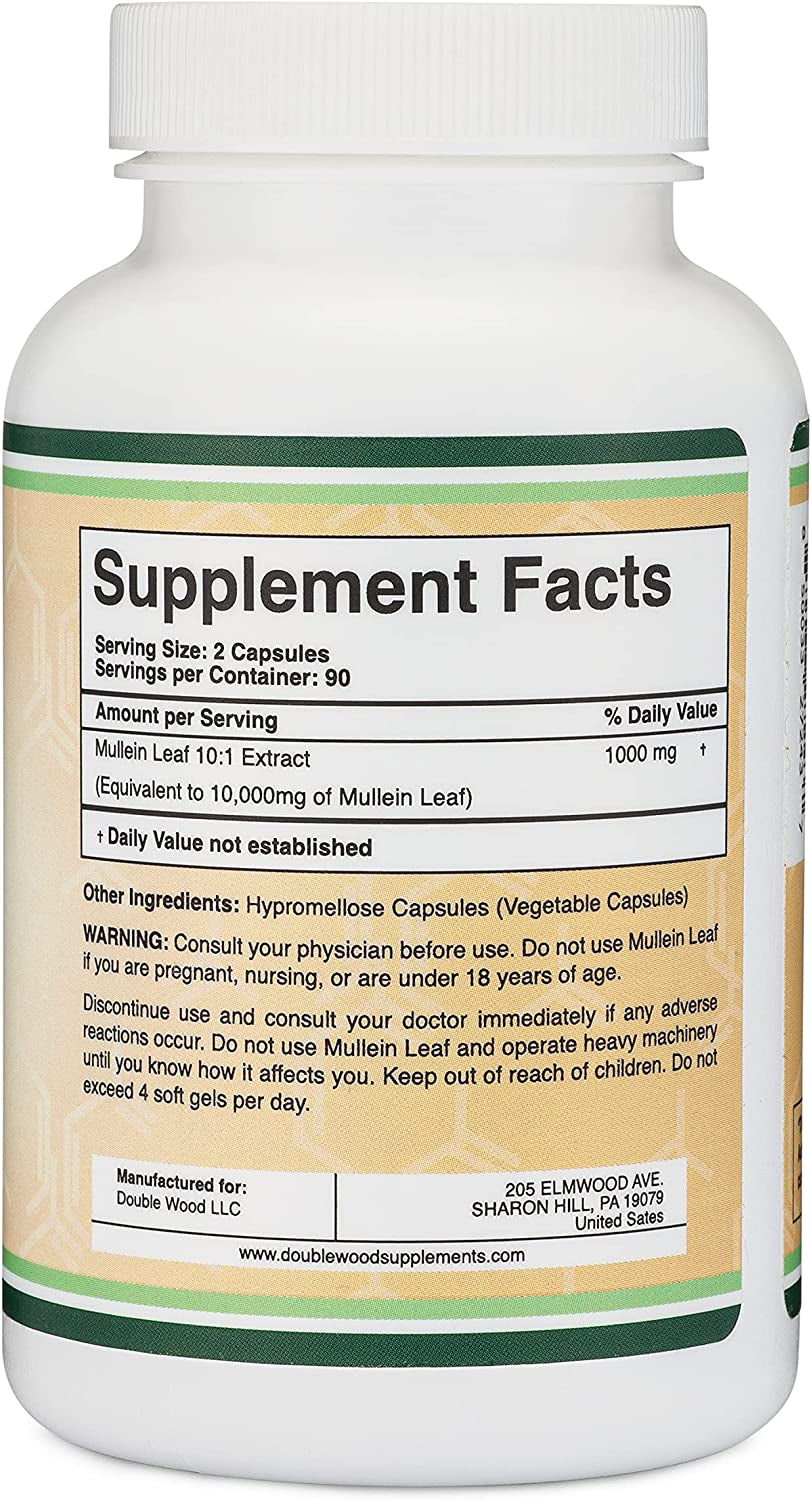 Mullein Leaf Capsules 10,000Mg Strength (Mullein Leaf Extract 10:1, Equivalent of 10,000Mg Mullein Leaves) 180 Vegan Safe Capsules with No Fillers for Lungs and Respiratory Health by Double Wood