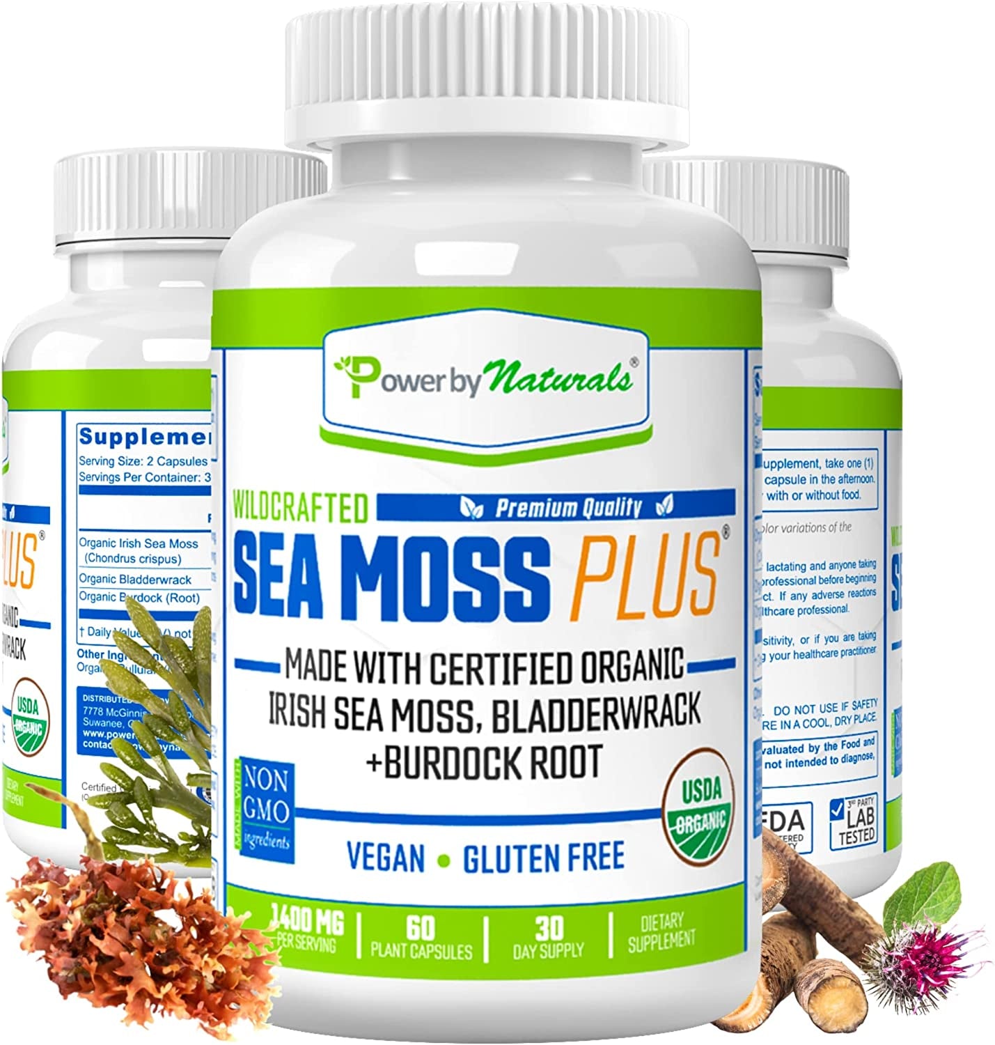 Sea Moss plus - Certified Organic Wildcrafted Irish Seamoss, Bladderwrack & Burdock Root - Supplement for Gut Health, Energy & Immunity - Vegan & Gluten-Free, 60 Capsules (Pack of 1)