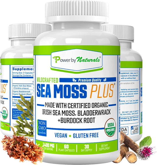 Sea Moss plus - Certified Organic Wildcrafted Irish Seamoss, Bladderwrack & Burdock Root - Supplement for Gut Health, Energy & Immunity - Vegan & Gluten-Free, 60 Capsules (Pack of 1)