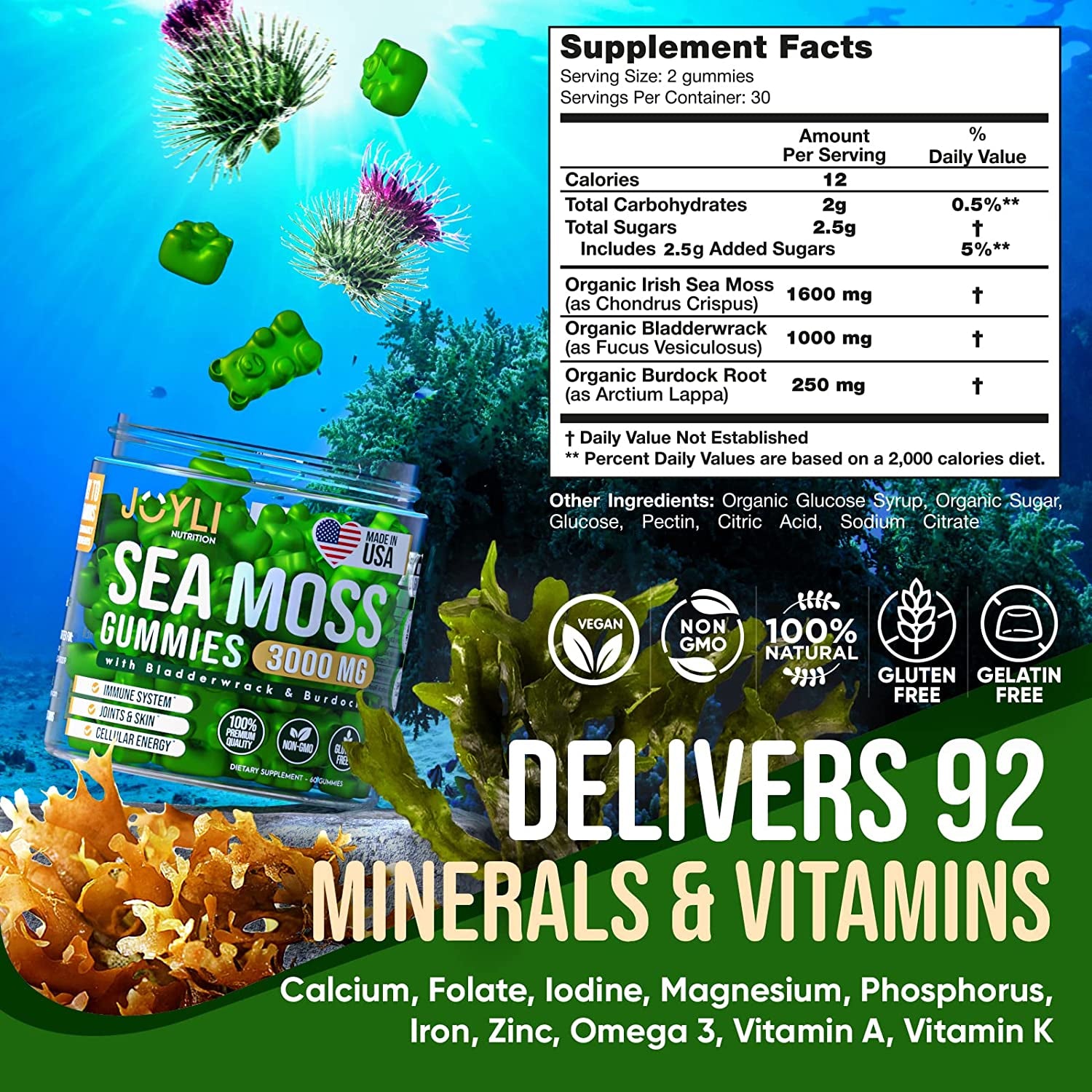 Organic Sea Moss Gummies for Adults & Kids - Pure Irish Sea Moss Supplement with Raw Seamoss Bladderwrack & Burdock Root for Immune System, Skin, Energy & Digestion* - 60 Vegan Seamoss Gummies