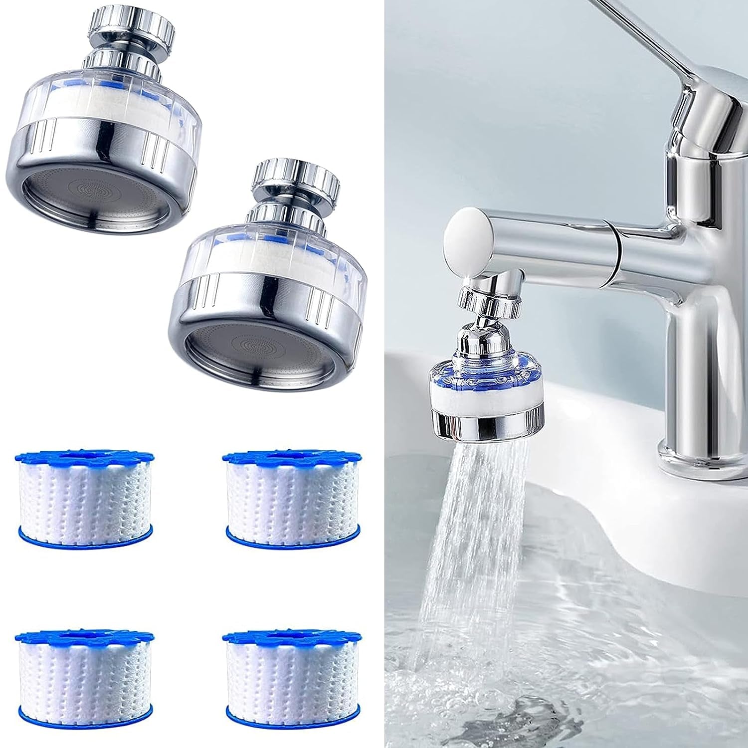 2Pack Sink Water Filter Faucet: Bathroom Faucet Filter - 360° Rotating Faucet Filters Purifier Kitchen Tap Filtration Removes Chlorine Fluoride Heavy Metals Hard Water for Home Bathroom & Kitchen