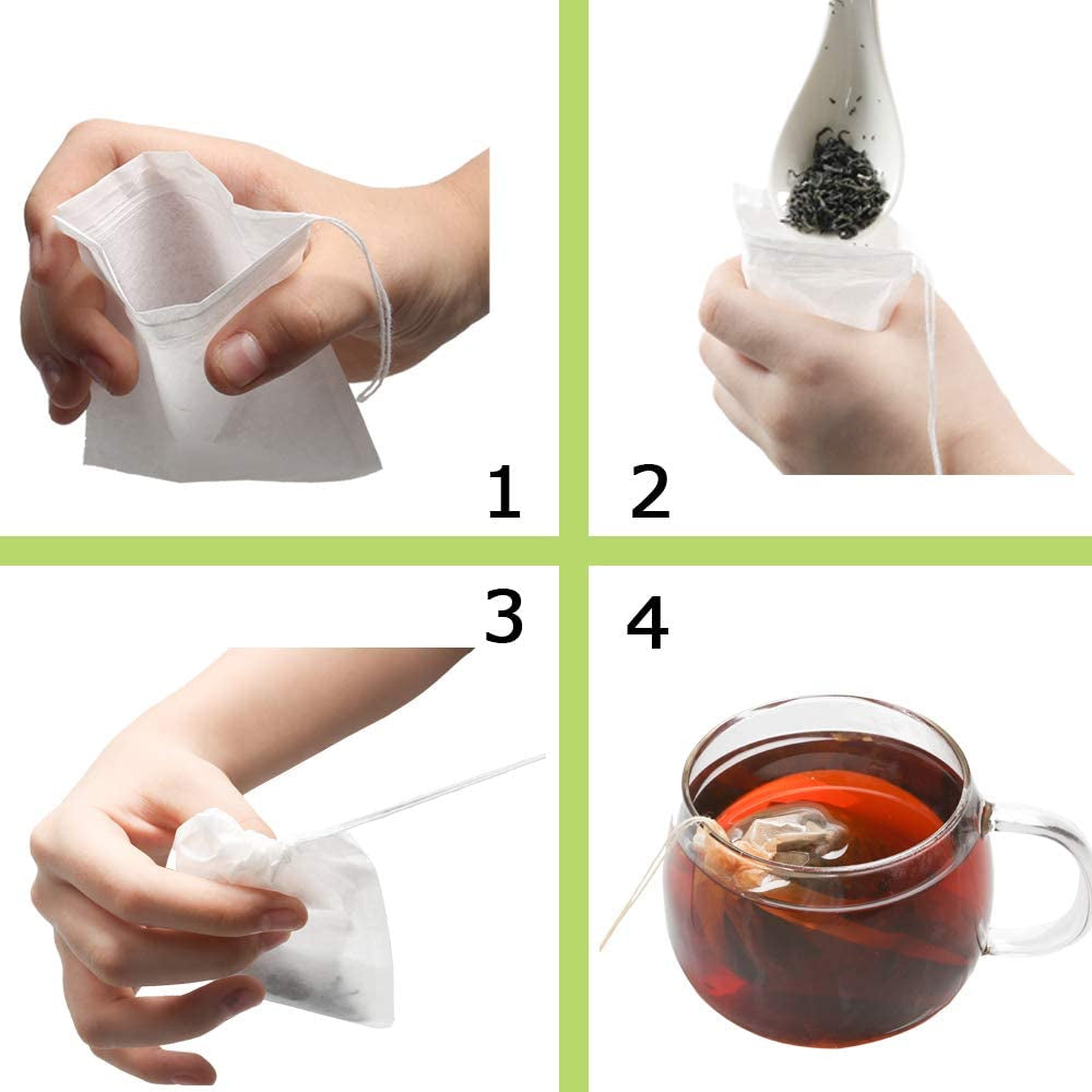 Tea Filter Bags, Safe and Natural Material, Disposable Tea Infuser, Empty Tea Bag with Drawstring for Loose Leaf Tea, Set of 100（3.15 X 3.94 Inch ） (White)