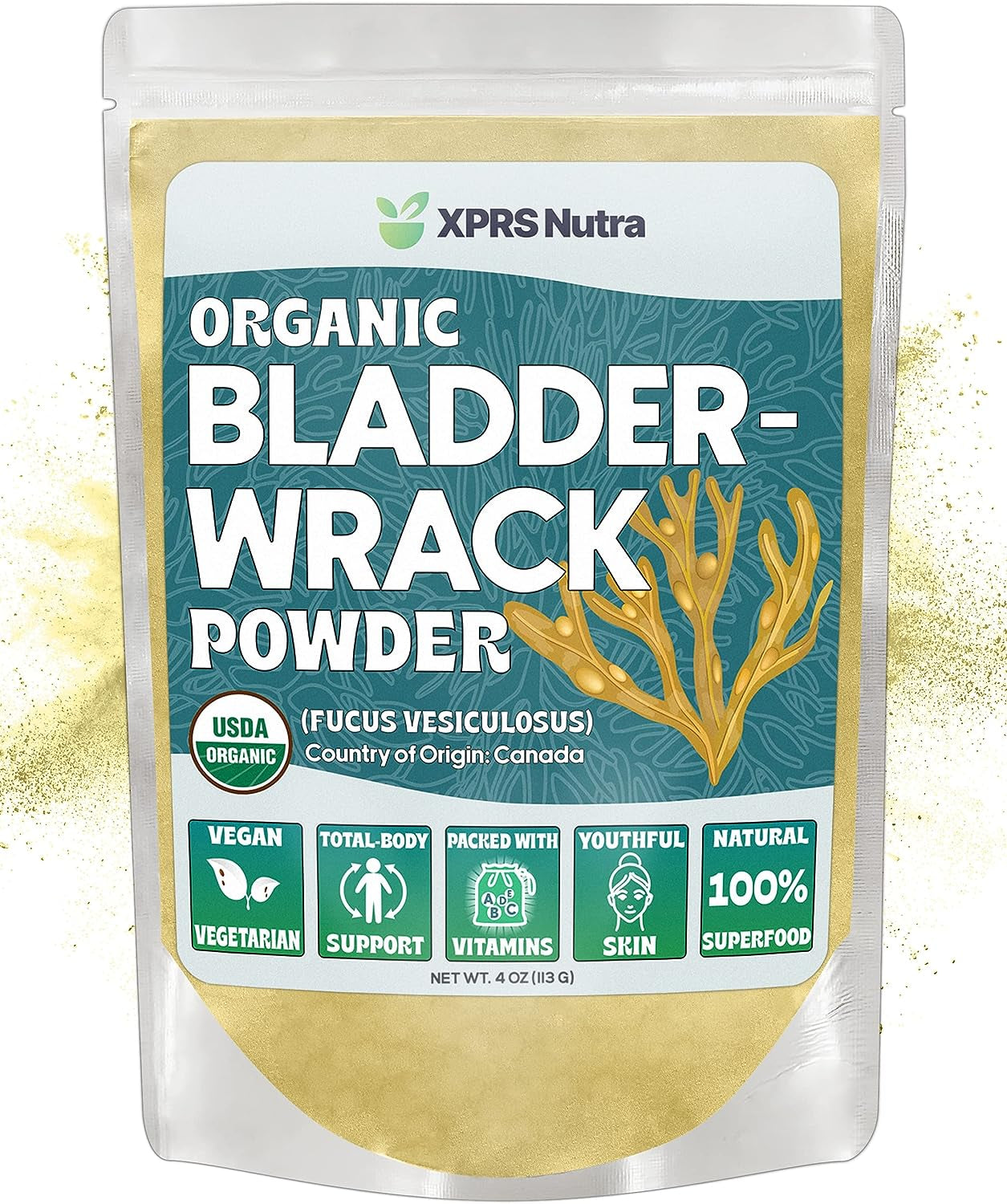 Organic Bladderwrack Powder (Fucus Vesiculosus) - Premium Bladderwrack Organic Powder for Glowing Skin - Vegan Friendly Bladderwrack Herb Iodine Supplement (4 Ounce)