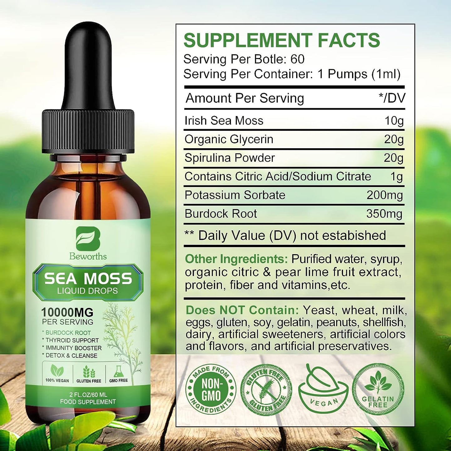 Sea Moss Liquid Drops - Organic Irish Sea Moss Gel with Burdock Root Supplement Immune Support, Joint & Thyroid Support, Detox Cleanse & Digestion Support - 2 Fl Oz, Vegan