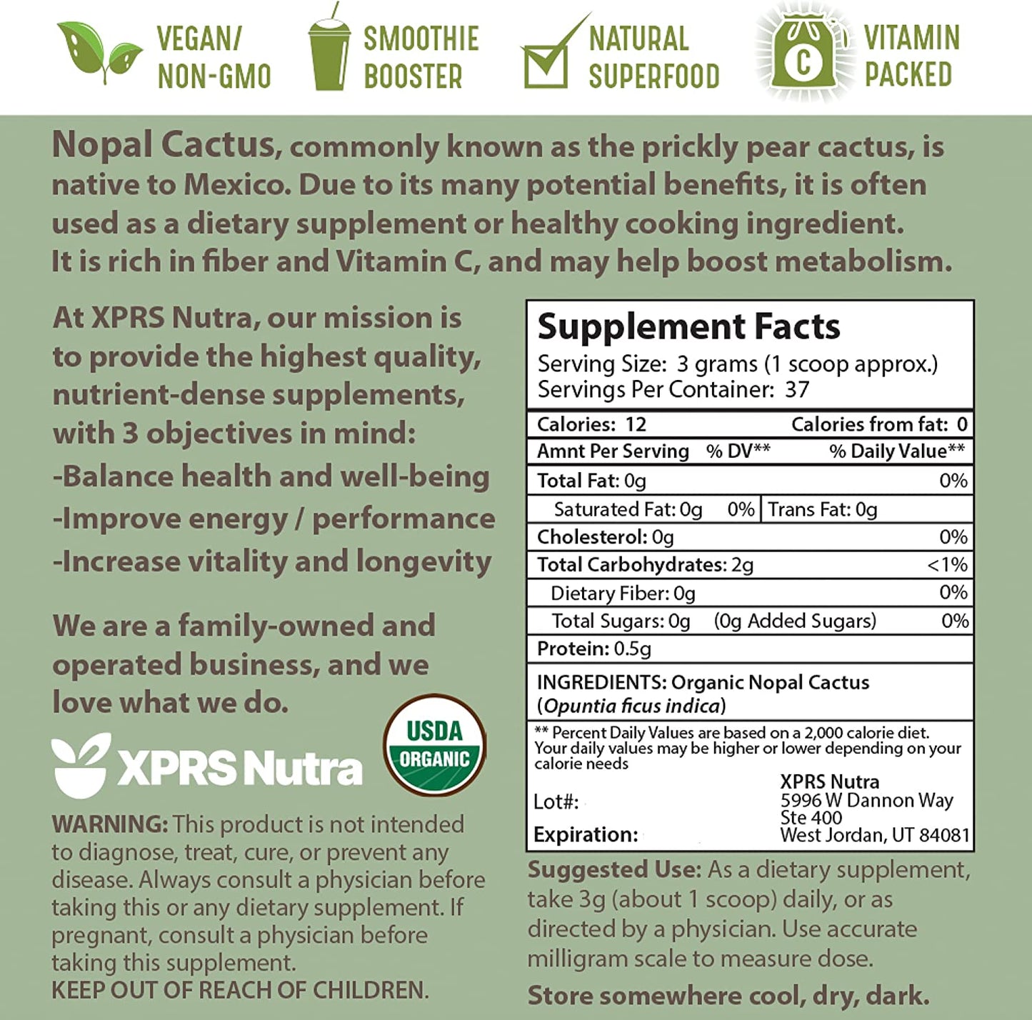 Organic Nopal Cactus Powder - Prickly Pear Supplement Nopal Powder from Mexico - High in Dietary Fiber, Calcium and Vitamin C - Nopal Powder Superfood for Digestion (4 Oz)