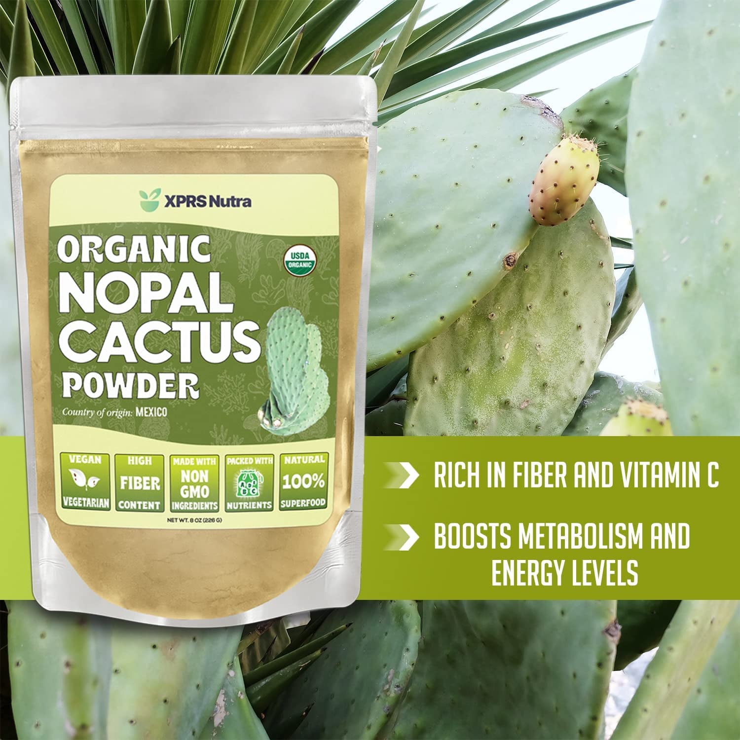 Organic Nopal Cactus Powder - Prickly Pear Supplement Nopal Powder from Mexico - High in Dietary Fiber, Calcium and Vitamin C - Nopal Powder Superfood for Digestion (4 Oz)