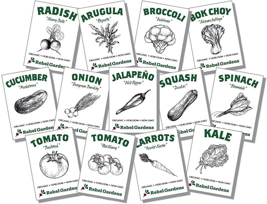 Organic Vegetable Seeds for Planting - 13 Varieties of Non GMO, Non Hybrid, Heirloom Seeds, Open Pollinated Home Garden Seeds - Tomatoes, Kale, Carrots, Broccoli, Arugula, and More