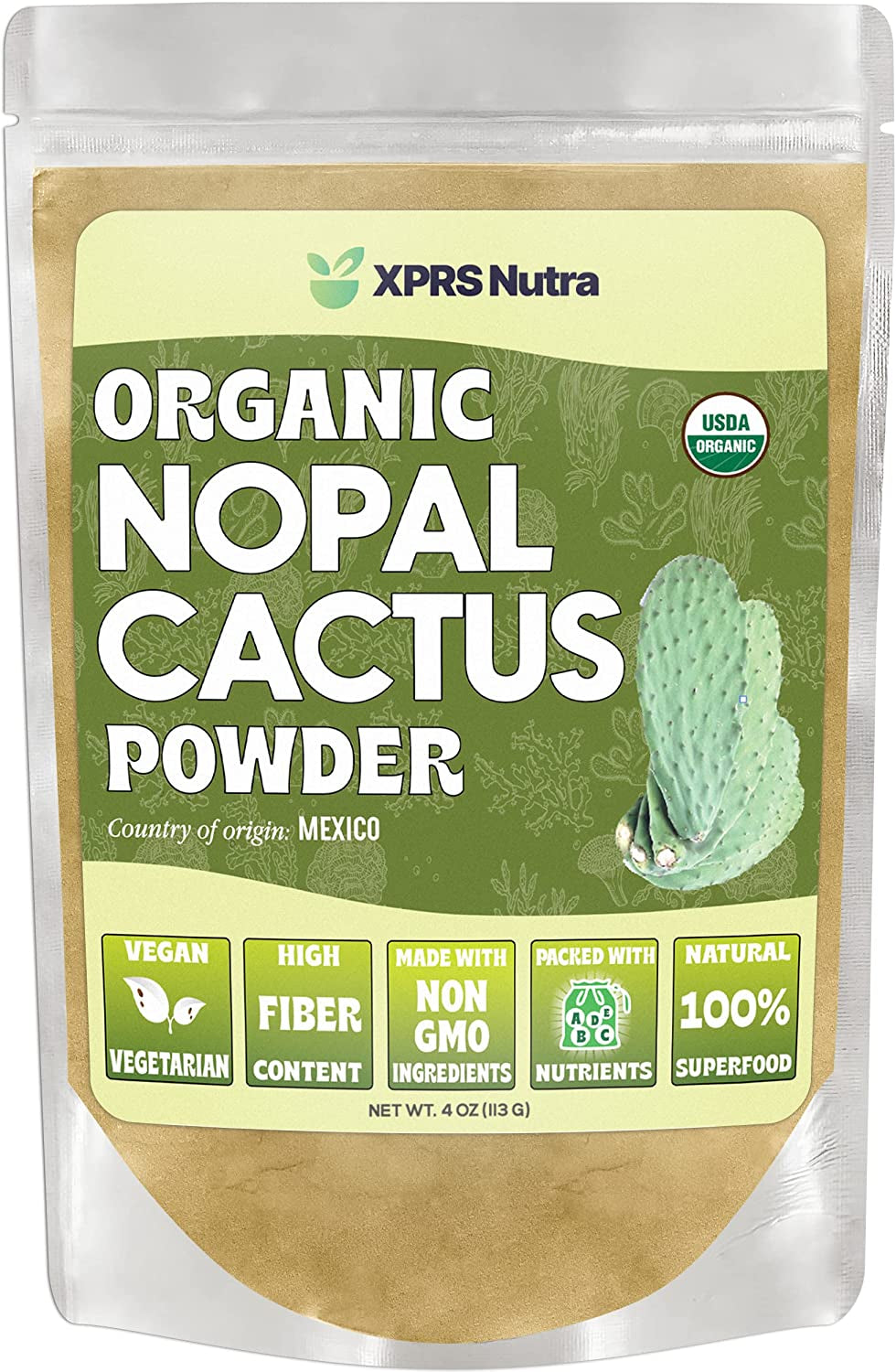 Organic Nopal Cactus Powder - Prickly Pear Supplement Nopal Powder from Mexico - High in Dietary Fiber, Calcium and Vitamin C - Nopal Powder Superfood for Digestion (4 Oz)