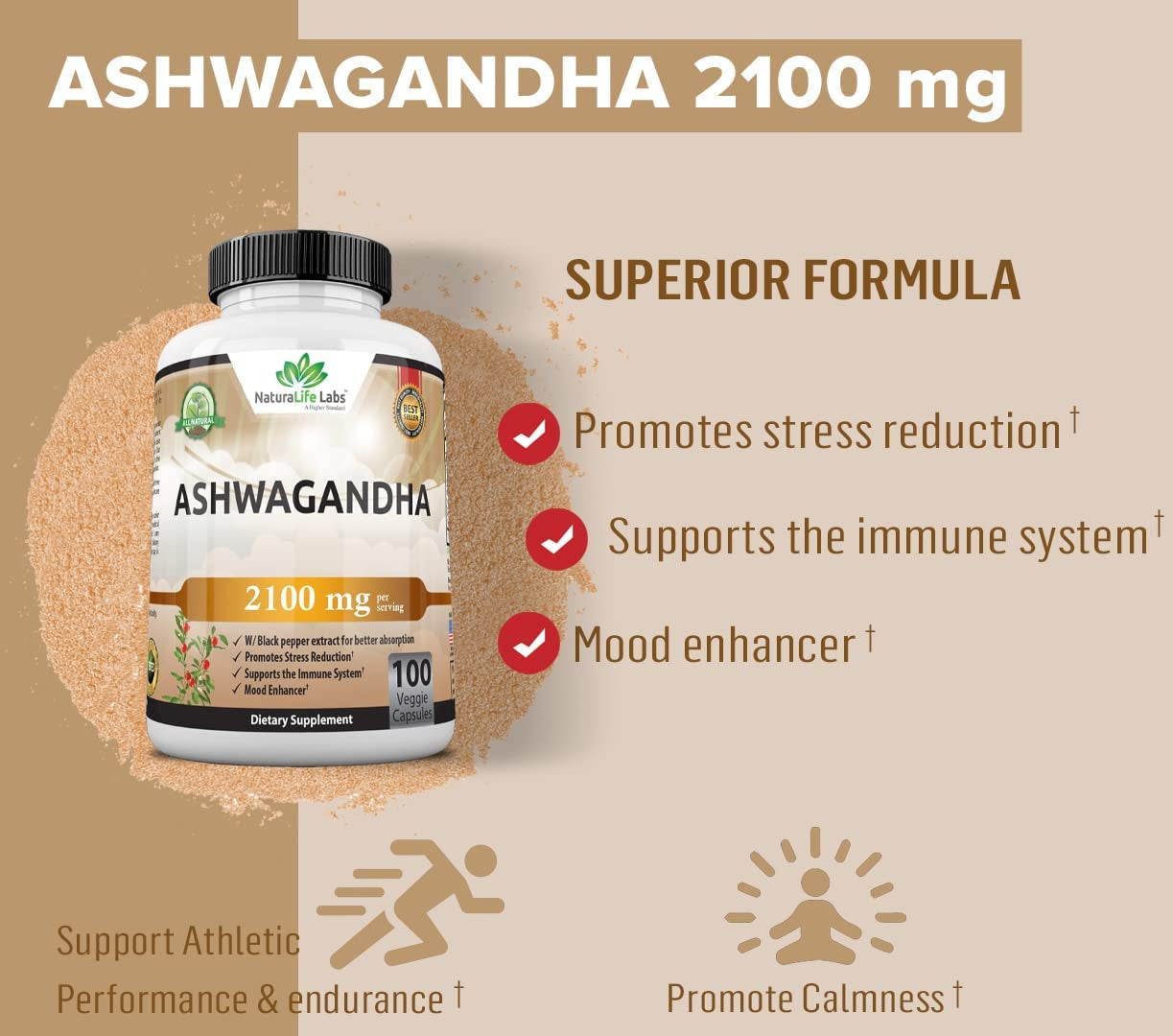 Organic Ashwagandha 2,100 Mg - 100 Vegan Capsules Pure Organic Ashwagandha Powder and Root Extract - Stress Relief, Mood Enhancer, Immune & Thyroid Support