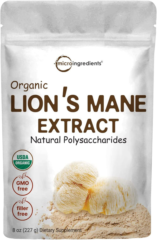 Sustainably US Grown, Organic Lions Mane Mushroom Supplement, Fruit Body and Mycelium, 8 Ounce, Freeze Dried, Supports Mental Clarity, Focus, Memory and Nervous System, Vegan Friendly