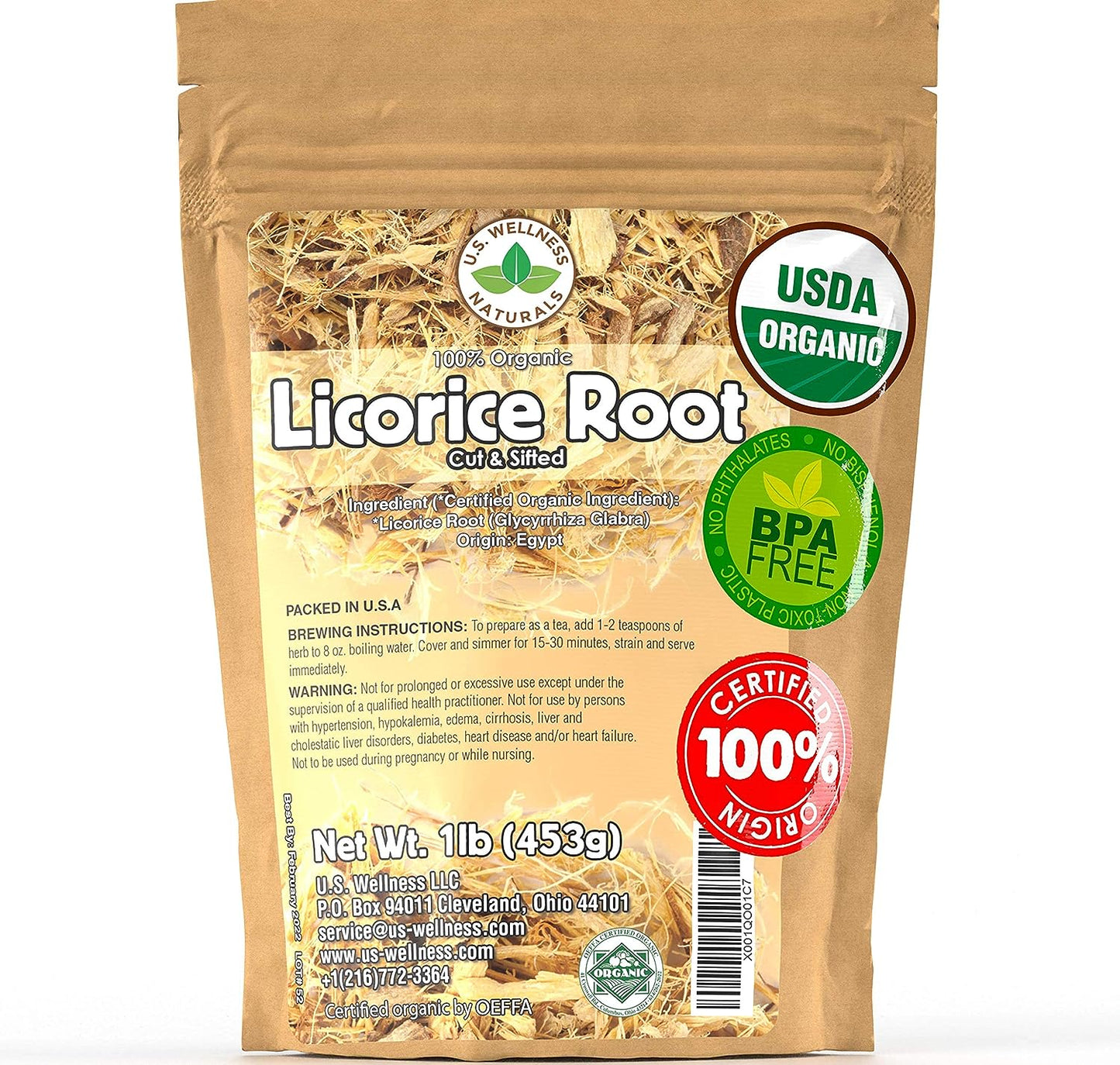 Licorice Root Tea 1LB (16Oz) 100% CERTIFIED Organic Licorice Root Cut and Sifted (Glycyrrhiza Glabra), in 1 Lbs. Bulk Resealable Kraft BPA Free Bags from U.S. Wellness Naturals