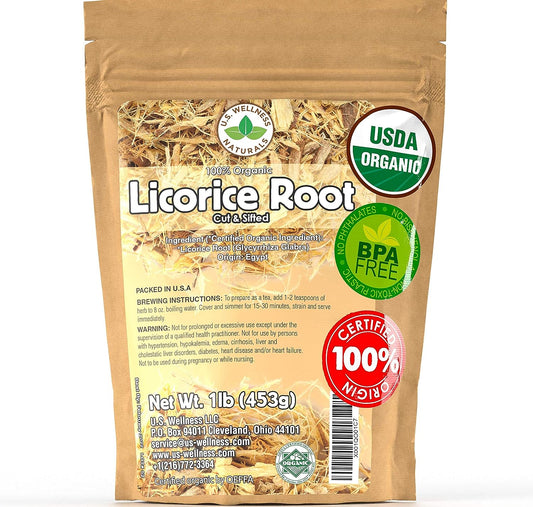 Licorice Root Tea 1LB (16Oz) 100% CERTIFIED Organic Licorice Root Cut and Sifted (Glycyrrhiza Glabra), in 1 Lbs. Bulk Resealable Kraft BPA Free Bags from U.S. Wellness Naturals