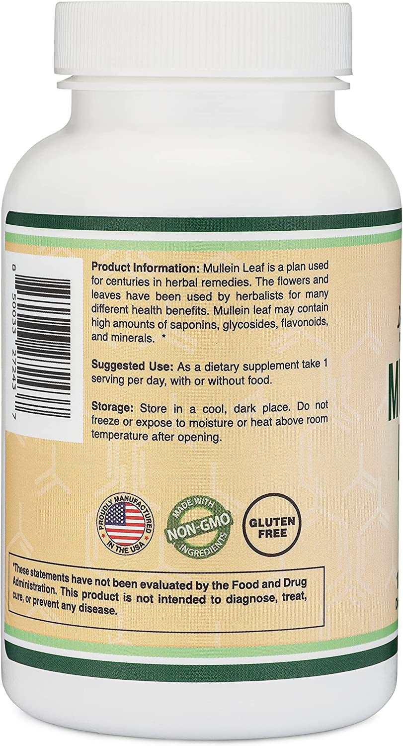 Mullein Leaf Capsules 10,000Mg Strength (Mullein Leaf Extract 10:1, Equivalent of 10,000Mg Mullein Leaves) 180 Vegan Safe Capsules with No Fillers for Lungs and Respiratory Health by Double Wood