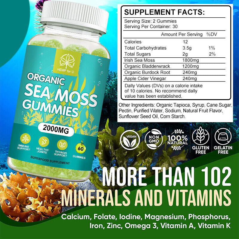 Organic Sea Moss Gummies - 100% Pure Irish Sea Moss Bladderwrack Burdock Root