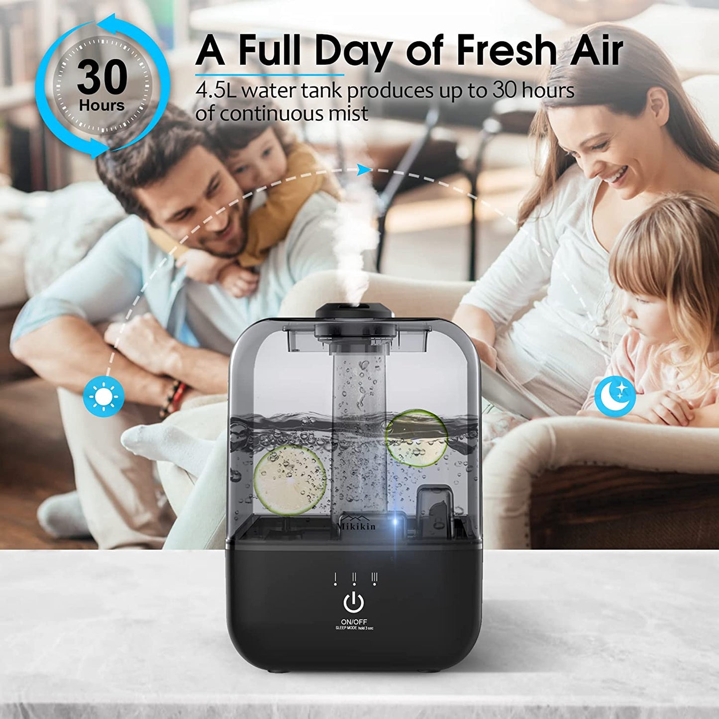 Cool Mist Humidifier, Ultrasonic Air Humidifiers for Bedroom Babies Home, 4.5L Large Top Fill Desk Humidifiers with Three Mist Modes, 360° Nozzle, Auto Shut-Off, Lasts up to 30 Hours, Super Quiet