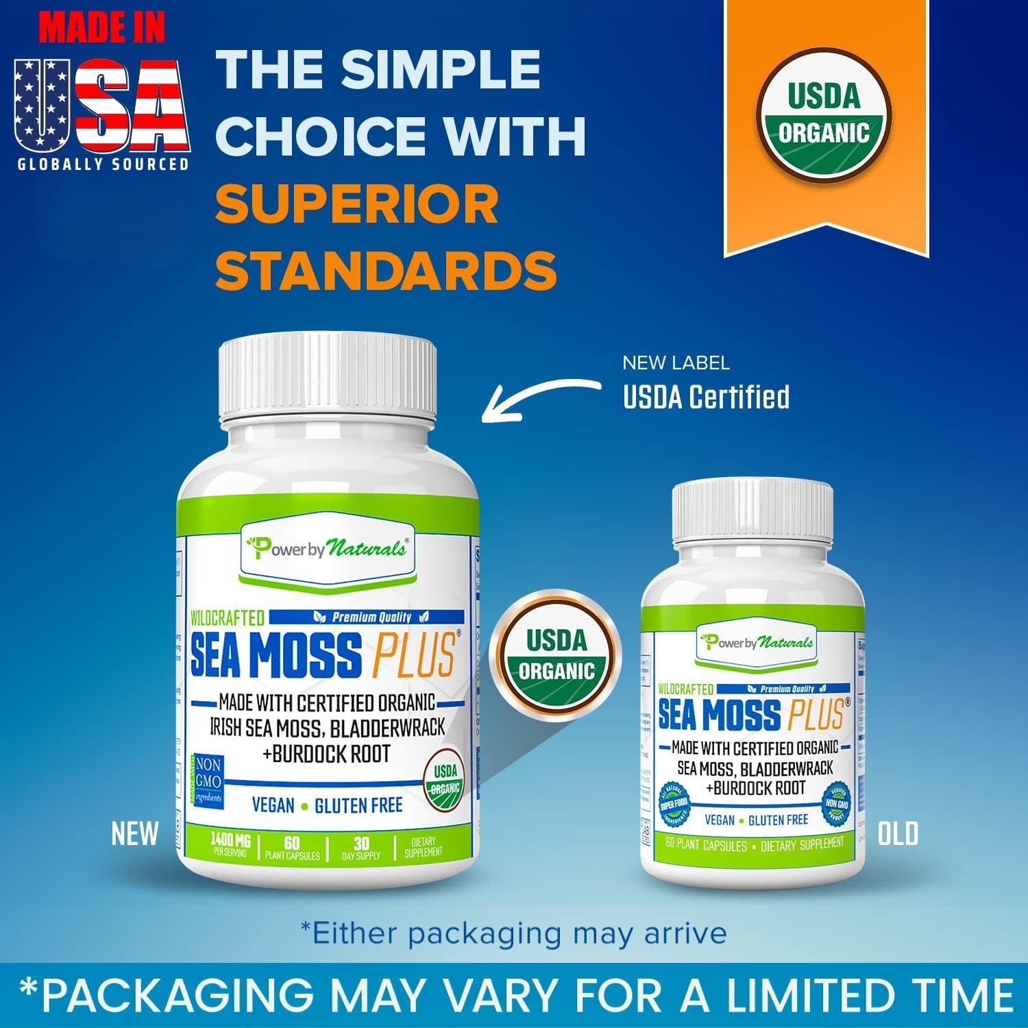 Sea Moss plus - Certified Organic Wildcrafted Irish Seamoss, Bladderwrack & Burdock Root - Supplement for Gut Health, Energy & Immunity - Vegan & Gluten-Free, 60 Capsules (Pack of 1)