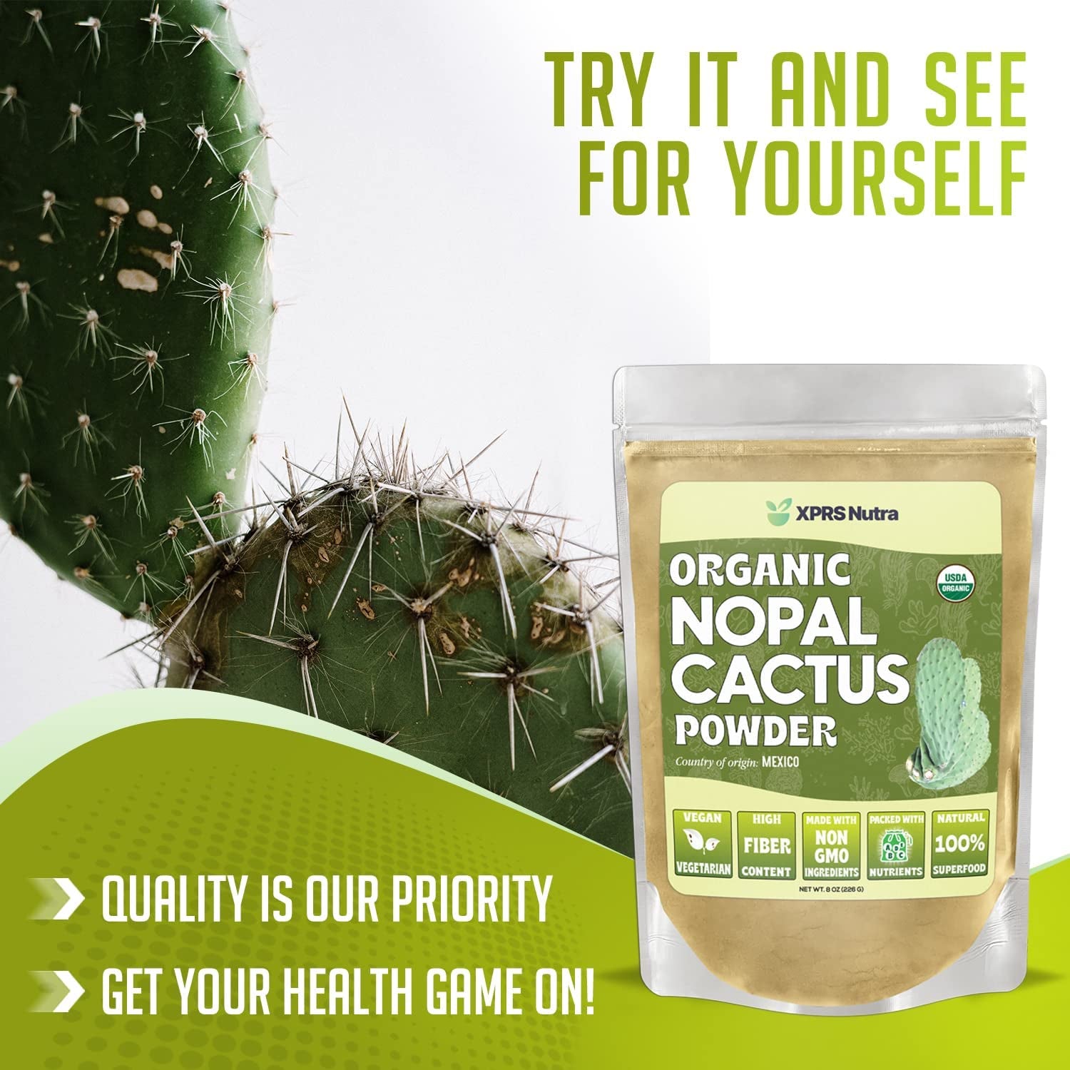 Organic Nopal Cactus Powder - Prickly Pear Supplement Nopal Powder from Mexico - High in Dietary Fiber, Calcium and Vitamin C - Nopal Powder Superfood for Digestion (4 Oz)