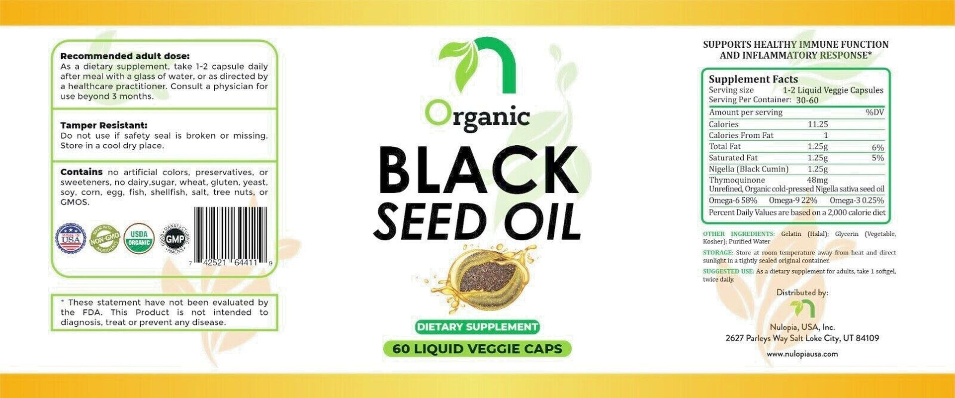 Organic Cold Pressed Black Seed Oil Liquid Capsule - 1250 Mg, 60 Veg Soft Gels.