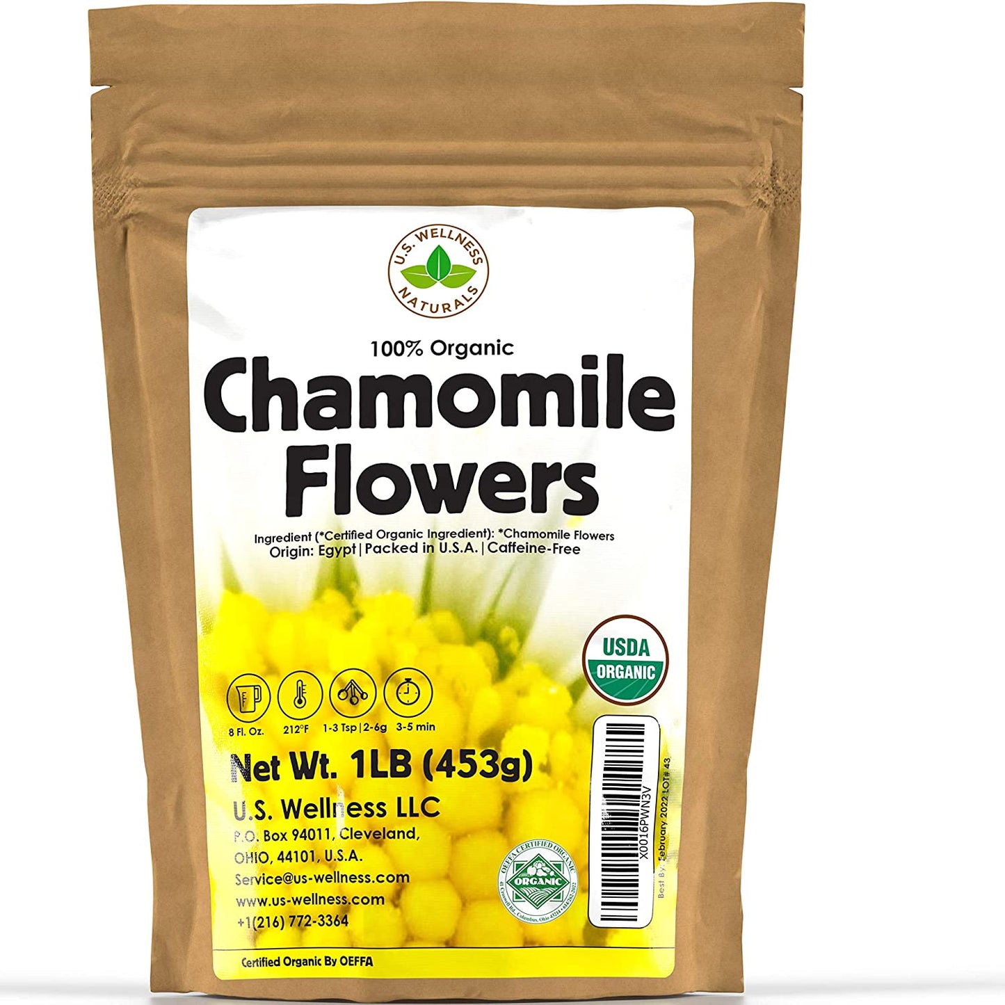 Chamomile Tea 1LB (16Oz) 100% CERTIFIED Organic (USDA Seal) Chamomile Flowers Herbal Tea (Matricaria Chamomilla) in 1 Lb Bulk Kraft BPA Free Resealable Bags from U.S. Wellness