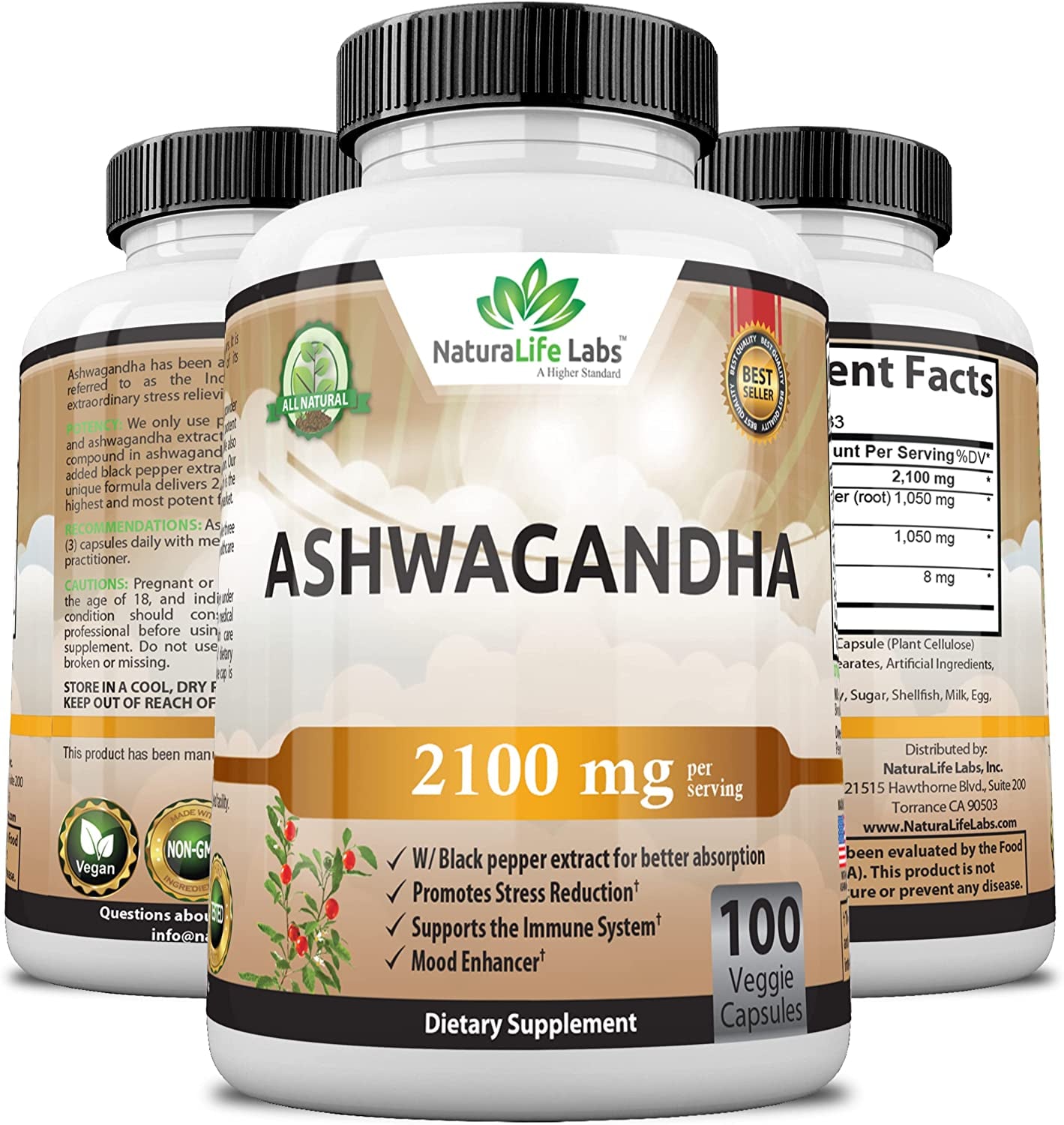 Organic Ashwagandha 2,100 Mg - 100 Vegan Capsules Pure Organic Ashwagandha Powder and Root Extract - Stress Relief, Mood Enhancer, Immune & Thyroid Support