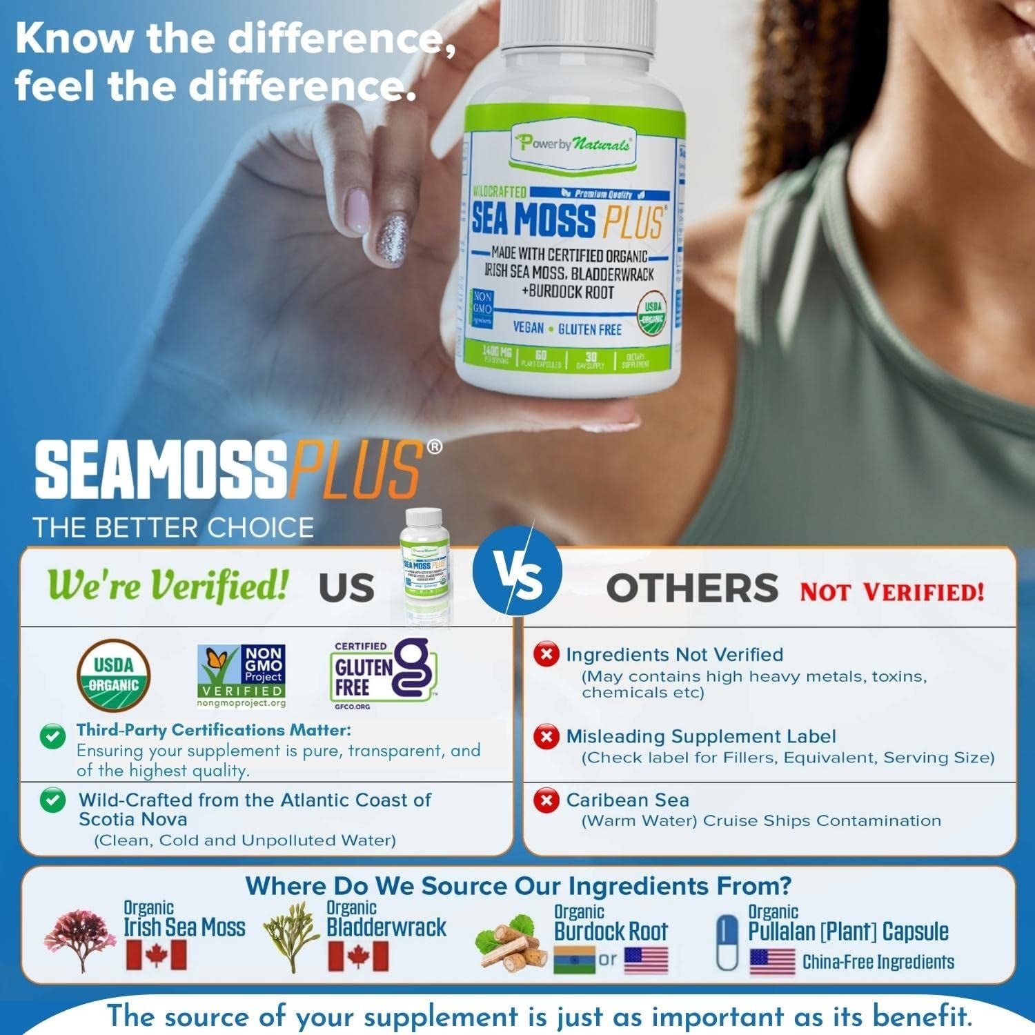 Sea Moss plus - Certified Organic Wildcrafted Irish Seamoss, Bladderwrack & Burdock Root - Supplement for Gut Health, Energy & Immunity - Vegan & Gluten-Free, 60 Capsules (Pack of 1)