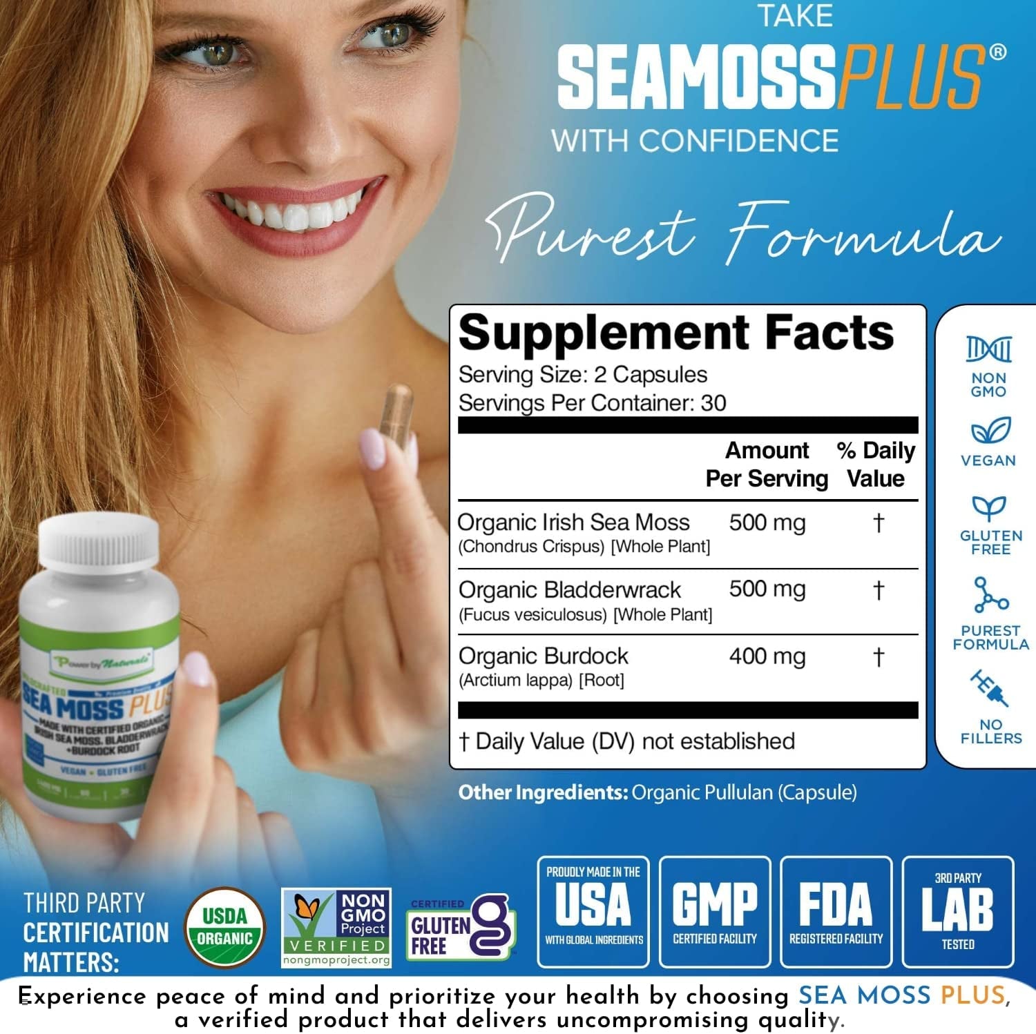 Sea Moss plus - Certified Organic Wildcrafted Irish Seamoss, Bladderwrack & Burdock Root - Supplement for Gut Health, Energy & Immunity - Vegan & Gluten-Free, 60 Capsules (Pack of 1)