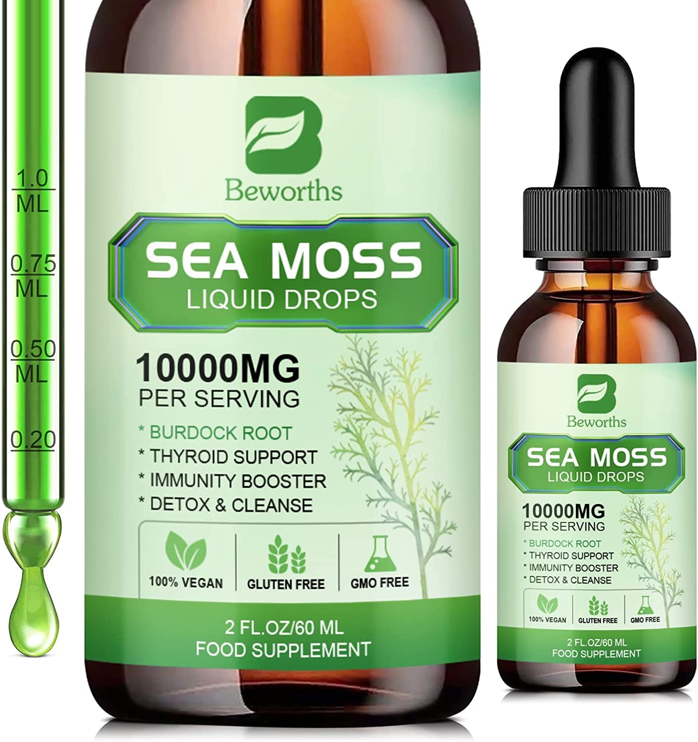 Sea Moss Liquid Drops - Organic Irish Sea Moss Gel with Burdock Root Supplement Immune Support, Joint & Thyroid Support, Detox Cleanse & Digestion Support - 2 Fl Oz, Vegan