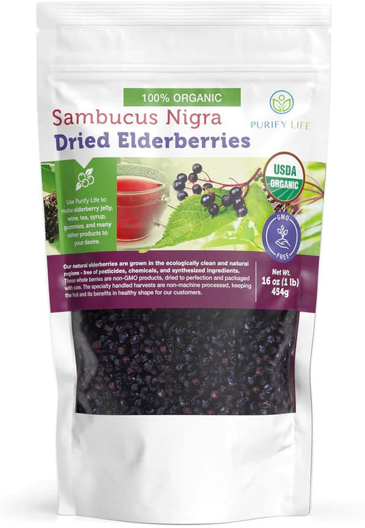 Certified USDA - 100% Organic Dried Elderberries - 1Lb Bulk - Non-Irradiated, Non-Gmo, Whole Black Elderberry Immune Support for Making Elder Syrup, Gummies, Tea - Raw Vegan Sambucus 1 Pound