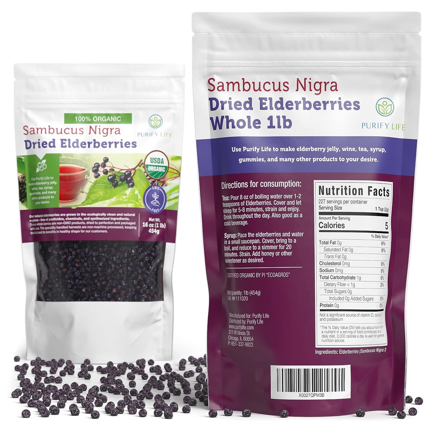 Certified USDA - 100% Organic Dried Elderberries - 1Lb Bulk - Non-Irradiated, Non-Gmo, Whole Black Elderberry Immune Support for Making Elder Syrup, Gummies, Tea - Raw Vegan Sambucus 1 Pound