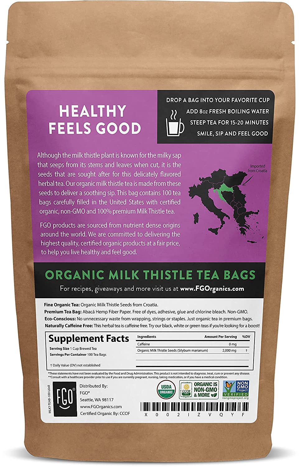 Organic Milk Thistle Tea, Eco-Conscious Tea Bags, 100 Count