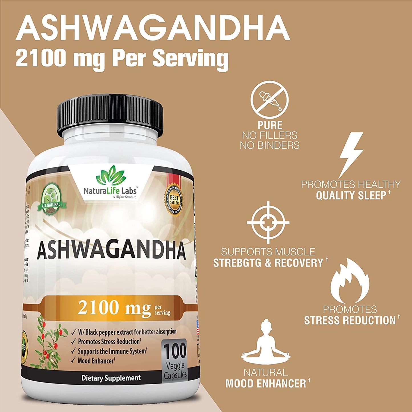 Organic Ashwagandha 2,100 Mg - 100 Vegan Capsules Pure Organic Ashwagandha Powder and Root Extract - Stress Relief, Mood Enhancer, Immune & Thyroid Support