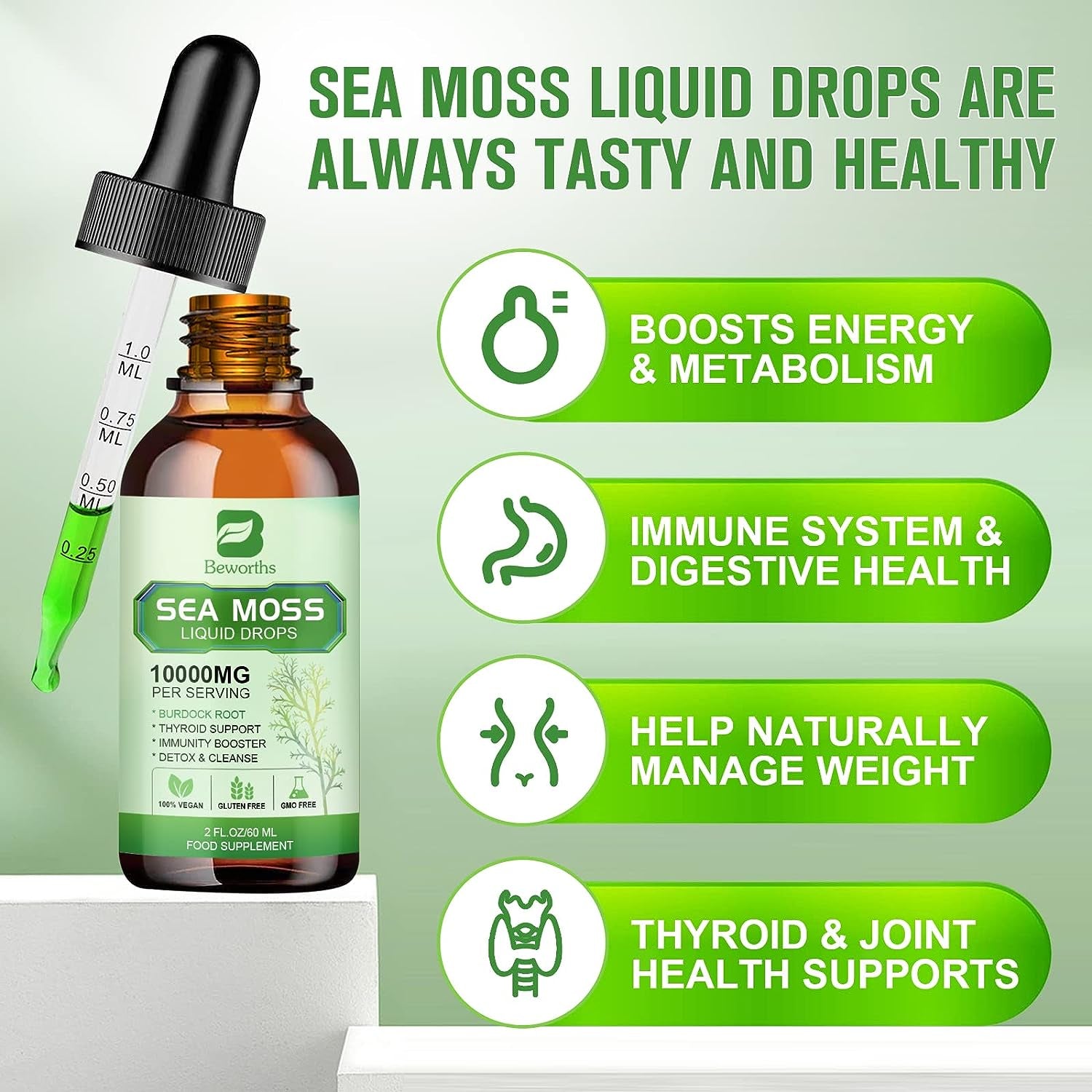 Sea Moss Liquid Drops - Organic Irish Sea Moss Gel with Burdock Root Supplement Immune Support, Joint & Thyroid Support, Detox Cleanse & Digestion Support - 2 Fl Oz, Vegan